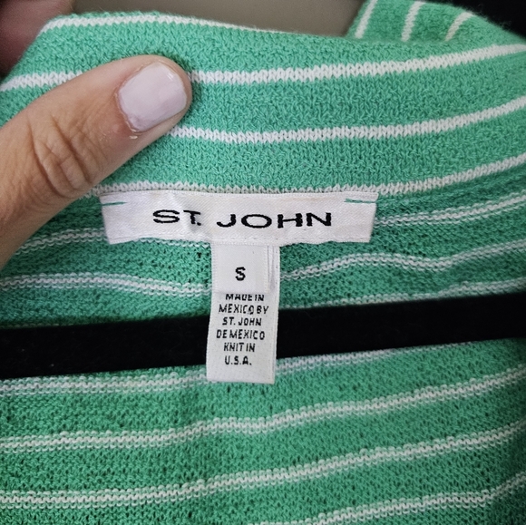 St. John Green White Stripe Sweater Jacket Zip Front - Picture 3 of 7